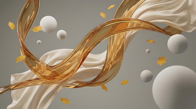 Gold liquid and white fabric with floating spheres