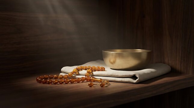 Adkar prayer beads and a brass bowl on a white cloth for spiritual reflection in a serene, softly lit setting emphasizing mindfulness and meditation.