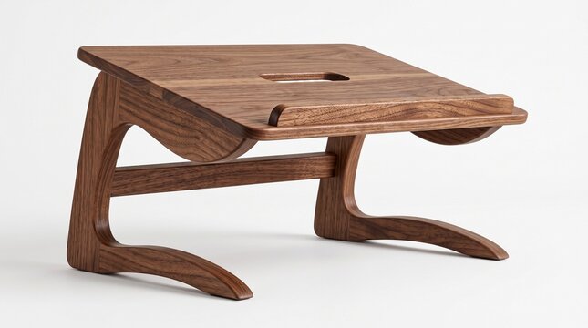 Minimalist walnut wood laptop stand, ergonomic wooden computer riser for desk, handcrafted timber notebook holder on white background
