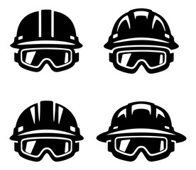 Fototapeta premium Black protective helmets and goggles set for safety and sports