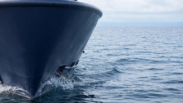 Front view of a dark blue boat sailing on the water