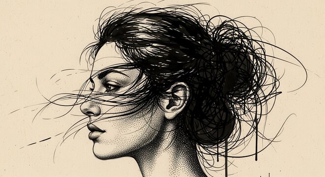 Artistic Ink Sketch of a Woman with Chaotic Messy Hair Representing Mental Health and Inner Turmoil