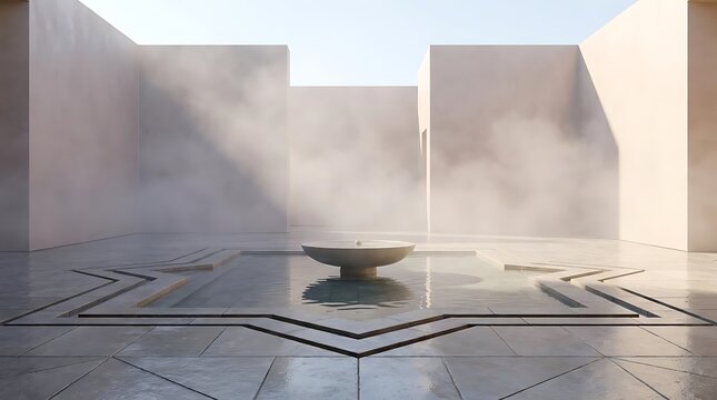 Minimalist marble courtyard featuring an elegant fountain with a star-shaped basin, capturing the spiritual essence of adkar in a serene atmosphere