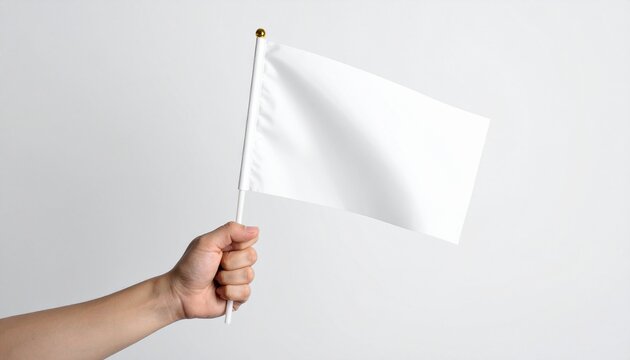 Hand Holding Small Blank White Flag on Pole against Plain Light Gray Background &ndash; Peace Symbol, Surrender, White Flag Mockup, and Neutral Banner Concept