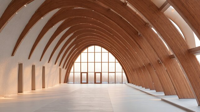 Empty modern architectural hall featuring massive curved wooden arches and bright natural light for real estate marketing, architectural presentations or website backgrounds