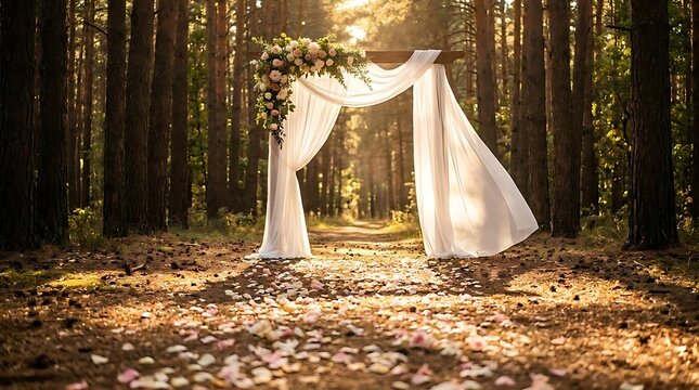 Wedding arch with white fabric and flowers in forest