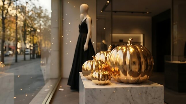 Golden pumpkin on marble pedestal in boutique window