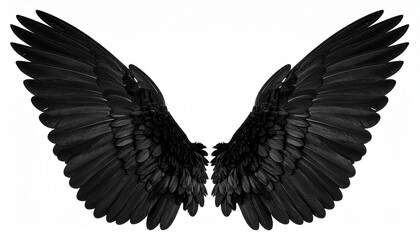 Fototapeta premium Pair of Large Symmetrical Black Feather Wings Spreading Open against Clean White Background – Fallen Angel, Gothic Fantasy, Dark Angel, and Feathered Wing Clip Art Concept
