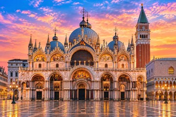 Fototapeta premium Magnificent historic cathedral architecture with ornate domes and tall bell tower glowing at sunset