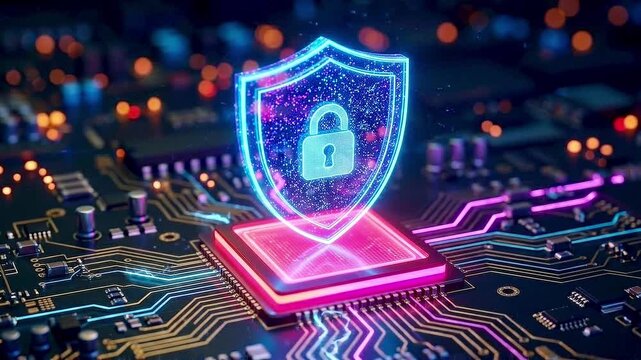 Cyber security data protection concept on circuit board with glowing neon shield and padlock, 3D illustration