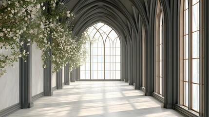 Fototapeta premium Empty neo-gothic biophilic atrium hallway featuring climbing white floral arrangements and arched windows for luxury wedding venue marketing and high-end architectural visualization