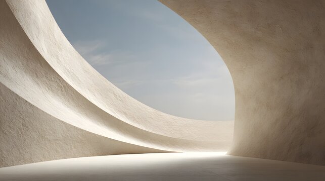 Curved parametric concrete wall arching into an open blue sky in an empty minimalist outdoor space, ideal for luxury product mockups or presentation backgrounds