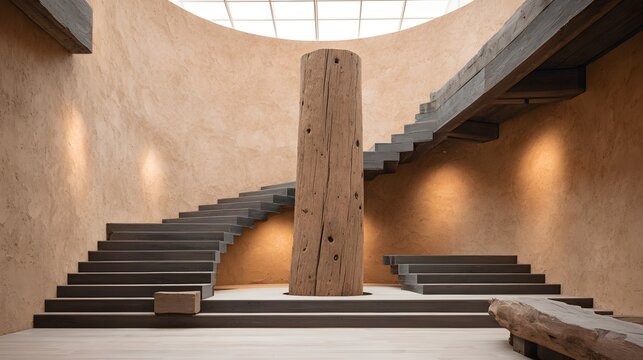 Massive central wooden log column and curved dark wood stairs in a minimalist wabi-sabi textured atrium for luxury interior design and architectural inspiration