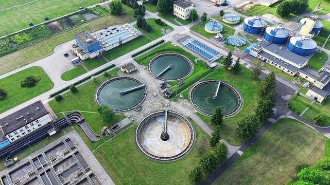 Drone view of a sewage treatment facility in a modern industrial complex