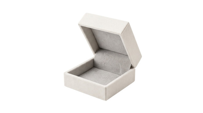 Elegant white jewelry box with open lid, luxury velvet ring case for engagement, minimalist gift packaging for wedding jewelry isolated PNG with Transparent Background