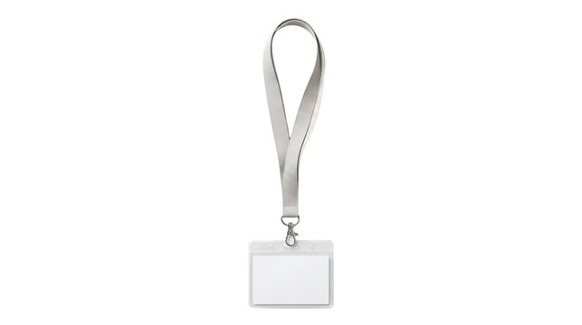 White blank lanyard with plastic ID badge holder, professional name tag mockup for corporate events, grey fabric neck strap isolated PNG with Transparent Background