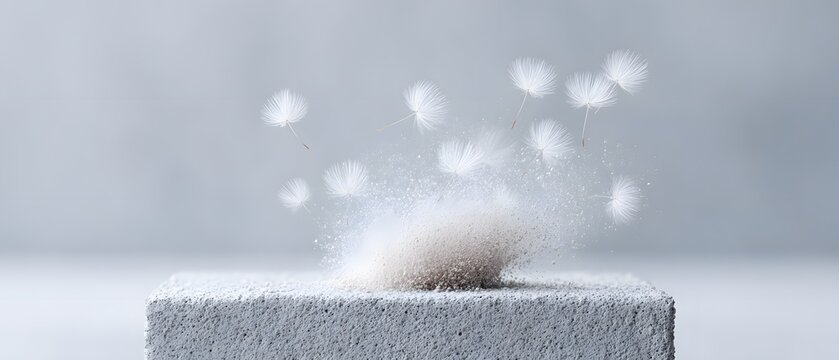 Dandelion seeds exploding into dust from a solid concrete block in a minimalist grey studio setting for modern wellness brand website banners