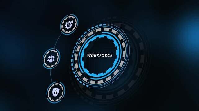 Digital workforce management and security system interface featuring glowing blue HUD circular elements with team, gear, and shield icon visuals