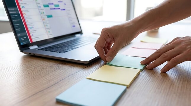 Person organizing colorful sticky notes on wooden desk near laptop with person hands arranging
