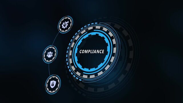 Regulatory compliance and security standard concept presented on a digital HUD futuristic interface background with modern technology icons.