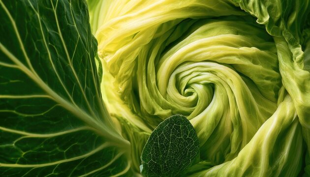 Close-up of vibrant green and yellow cabbage swirls, showing leaf texture