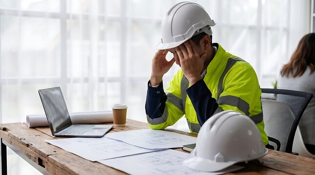 Stressed engineer wearing safety helmet working on architectural blueprints in office