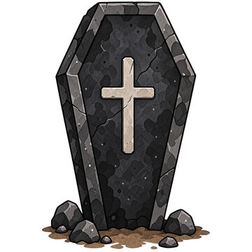 Watercolor halloween stone coffin with cross symbol isolated on black background. Spooky gothic casket illustration.