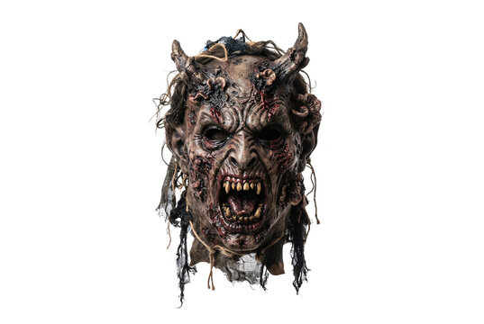 Scary demon monster horror latex mask featuring sharp fangs horns textured gory skin realistic Halloween haunted house cosplay prop isolated.
