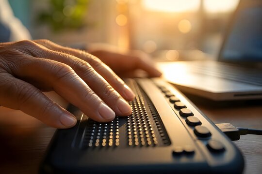 Close Up of Hand Using Braille Keyboard with Laptop