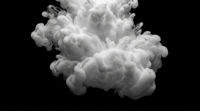 Realistic monochrome photograph of a dense billowing smoke cloud suspended in the center of a completely black background, dramatic organic swirling formations with soft turbulent edges