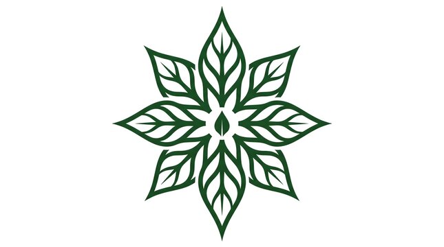 Symmetrical green mandala logo design composed of abstract leaves forming a star shape isolated on a white background