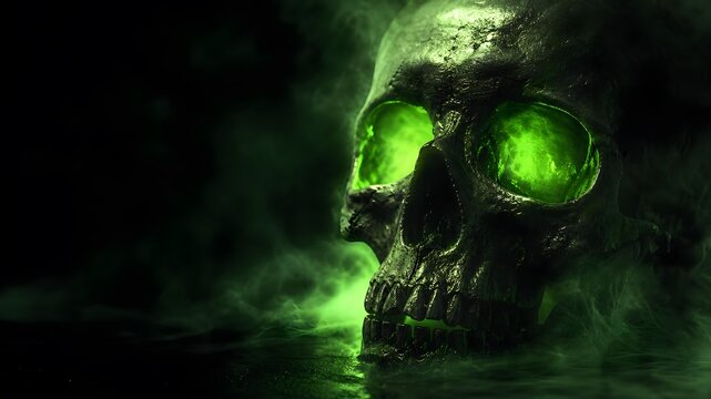 Textured human bone skull with radiant green sockets in thick fog