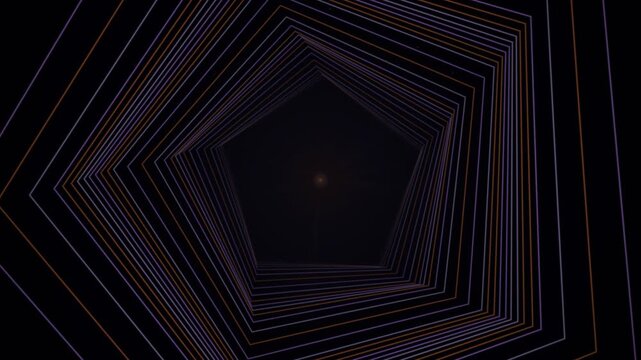 Concentric glowing pentagonal tunnel shape receding into a dark background with luminous orange and purple lines forming a hypnotic geometric perspective.