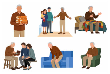 Senior Man Lifestyle and Family Interaction Character Vector Illustration Set