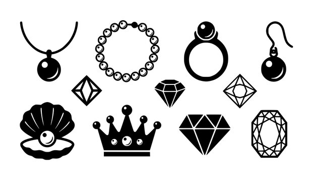 Black silhouette icons set of luxury jewelry pearls diamonds and royal crowns with silhouette necklace earrings gemstone accessory precious collection ornament brilliant pictogram