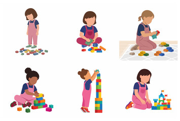 Fototapeta premium Collection of diverse little girls playing with colorful building blocks, flat vector illustration