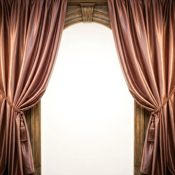 Elegant brown silk curtains with tassels draped over an arched wooden frame isolated on white background