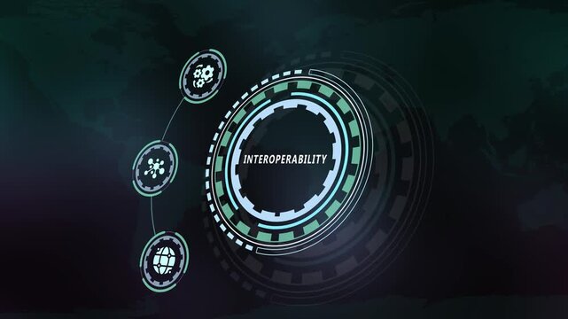 Abstract futuristic HUD interface concept showcasing interoperability with connected icons and global network background.