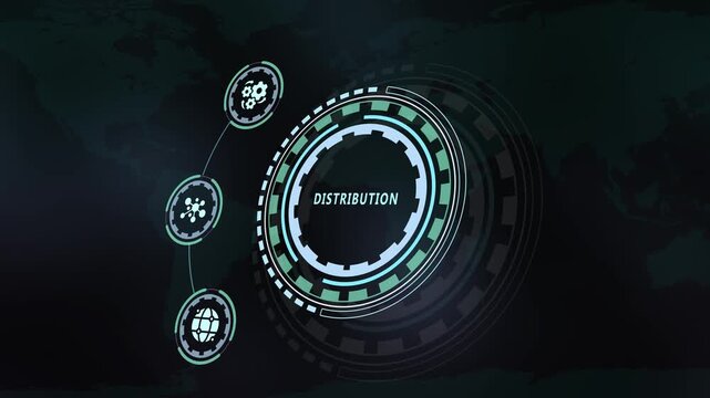 Futuristic digital HUD screen displaying distribution concept with connected circular icons and global network background.