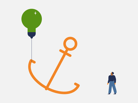 Green business idea and anchor. Grounded innovation, useful creative solution which is viable, realistic and ready for implementation. light bulb tied to anchor and small man near. Vector illustration