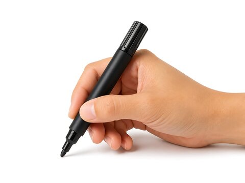 A human hand holding a black felt tip marker pen and on a white surface isolated on a white background, for office use