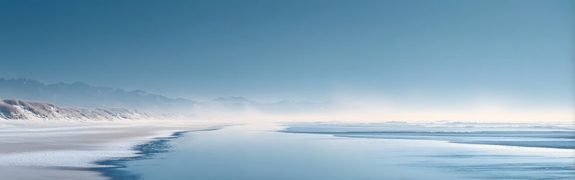 tranquil misty beach shoreline panorama with damp silver sand reflecting distant mountains for minimalist website header or calming linkedin banner