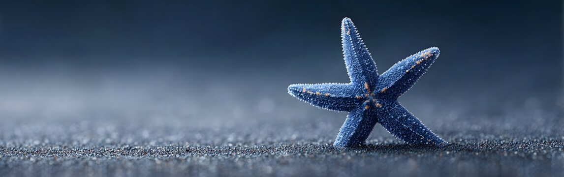 Vivid blue starfish standing on sparkling black sand against a dark blurred background, wide panoramic layout ideal for website headers and coastal luxury banners