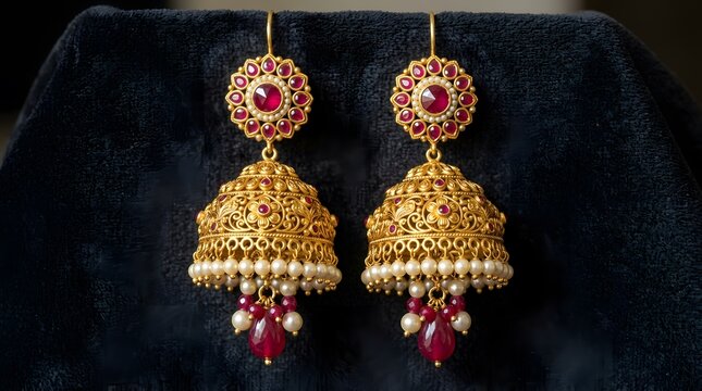 Traditional gold jhumka earrings with ruby stones and pearls on dark velvet background.