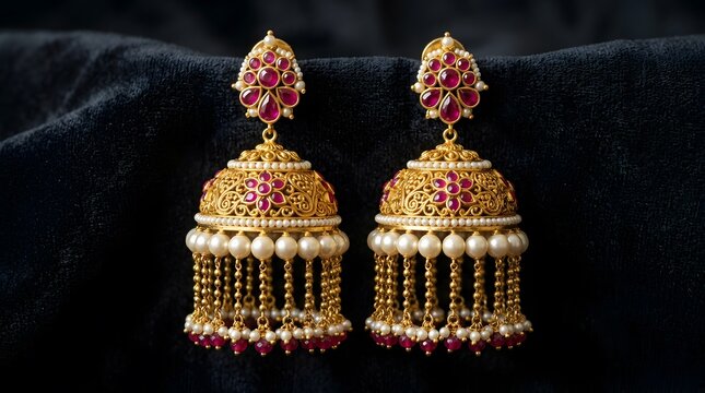 Traditional Indian gold jhumka earrings with ruby stones and pearl accents