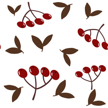 Seamless autumn forest pattern featuring mushrooms, wild berries, leaves, acorns and woodland elements in a cozy seasonal botanical illustration style. Perfect for fabric, wrapping paper