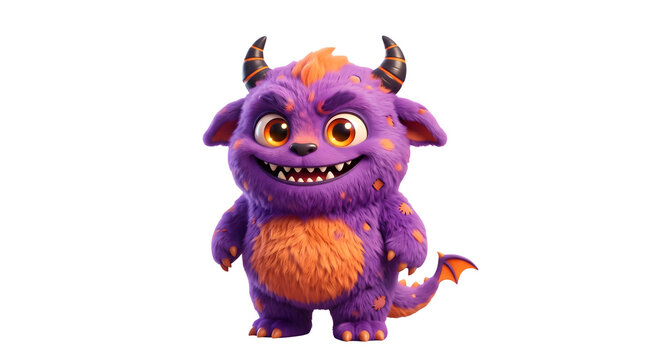 Cute fluffy purple monster with horns and smiling expression creature isolated