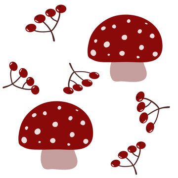Seamless autumn forest pattern featuring mushrooms, wild berries, leaves, acorns and woodland elements in a cozy seasonal botanical illustration style. Perfect for fabric, wrapping paper
