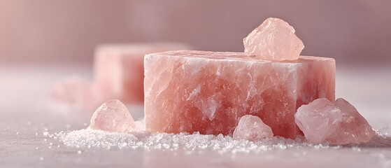 Fototapeta premium Solid block of Himalayan pink rock salt with loose crystals in a soft studio setting for cosmetic product display and wellness spa mockup backgrounds