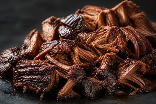 A pile of dark, cooked, shredded meat is displayed on a dark surface.